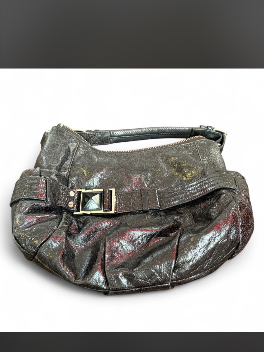 L.A.M.B. Metallic Black Shoulder Hobo with Gold Accents